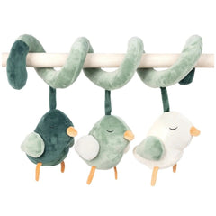 Plush spiral toy with three soft green and white birds hanging, attached to a bar.