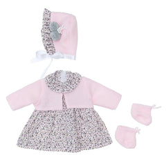 Pink jacket, grey floral dress, matching hat, and booties for 46 cm Así dolls, elegant and durable for imaginative play.