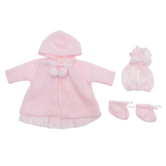 Pink knitted doll outfit with duffle coat, hat, and booties, designed for 46 cm Así dolls.