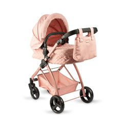 ASI Dolls Modern Mami 2 in 1 Stroller features a pink canopy, reclining seat, and a sturdy black frame for imaginative play.