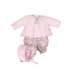 ASI Dolls outfit for 36cm doll featuring a pink floral jacket, hat, and pants, all in soft pastel colors.