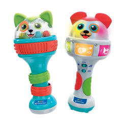 Baby Clementoni maracas in blue and white with red and green accents, featuring playful designs and interactive components.