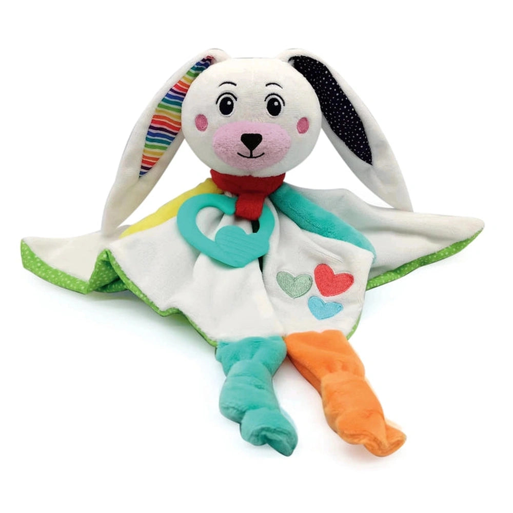 Baby Clementoni's Sweet Bunny comforter features a white plush rabbit with colorful accents and a friendly expression.