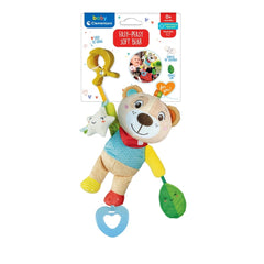 Baby Clementoni Easy-Peasy Soft Bear is a plush toy with a smiling face, holding a rattle and a leaf, hanging on a hook.