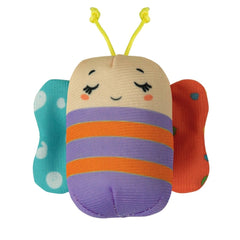 Baby Clementoni travel mobile features a plush toy with a smiling face, vibrant stripes, and a soft, cuddly texture.