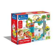 Baby Clementoni Fun Garage features a colorful play set with cars, ramps, and figures inside a vibrant red and white box.
