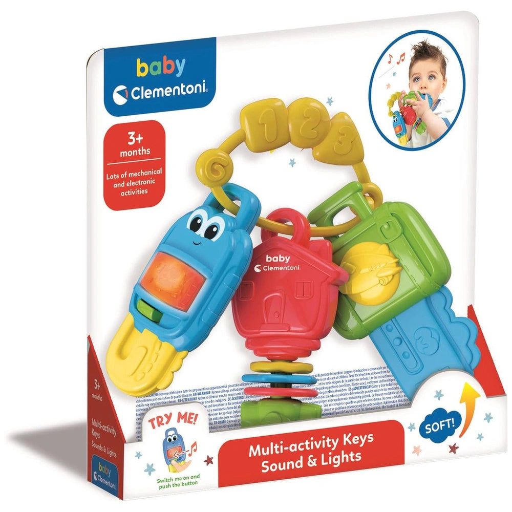 Multi Activity Keys toy for babies features vibrant colors, interactive buttons, and a clear window on glossy packaging.