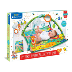 Baby Clementoni activity gym packaging showcases a colorful design with a soft mat, toys, and a mirror for sensory exploratio