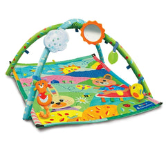 Baby Clementoni activity gym features a vibrant, colorful play mat with various patterns and textured areas for tactile explo