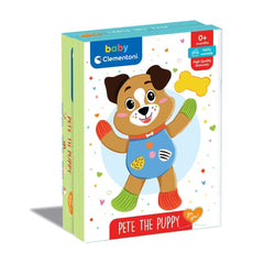 Pete the Puppy stuffed animal is showcased in colorful cardboard packaging with illustrations and age suitability symbols.