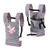 BAYER DESIGN Doll Carrier in gray with pink polka dots and fairy design, featuring two straps, zipper compartment, and waist