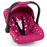 BAYER DESIGN Deluxe pink doll car seat features a polka dot pattern, harness system, canopy, and storage basket for playtime.