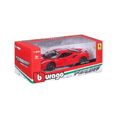 24" is white on the red glossy packaging of the BBurago Ferrari 488 Pista die-cast vehicle.