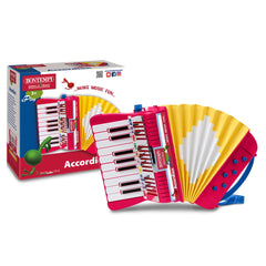 Bontempi accordion in red and white with yellow fan, packaged in a glossy cardboard box featuring playful text.