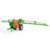 Bruder Amazone UX 5200 toy field sprayer in orange and green, with large wheels and extended spraying arms.