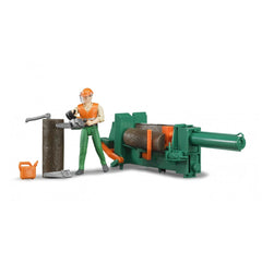 Toy forester with chainsaw and log splitter in Bruder Forestry Set, featuring realistic woodcutting tools and equipment.