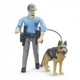 Police officer action figure with blue uniform and cap, holding a baton, standing beside a German shepherd dog.