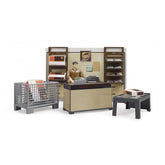 UPS parcel shop playset with employee figure, counter, parcel shelves, and packages for imaginative role play.