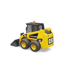 Yellow and black Bruder Cat Skid Steer Loader toy with rugged wheels and functional front shovel.