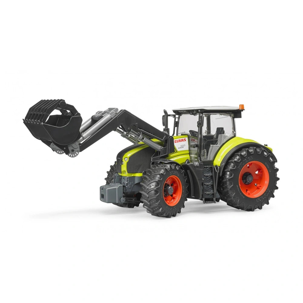 Claas Axion 950 toy tractor with frontloader, lime green body, red wheels, and a detailed cabin, side view.