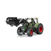 Green toy tractor with red wheels and black front loader, showcasing detailed cabin and off-road tires, Brudert Fendt 936 Vario.