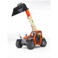 Orange and beige toy telehandler with extendable arm, black scoop, and large wheels on a white background.