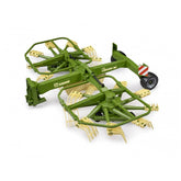 Green and beige Bruder Krone Dual Rotary Swath Windrower toy with realistic farm machinery details.