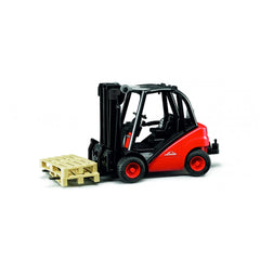 Red Bruder Linde H30D forklift toy with two beige pallets on a white background.