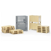 Tan pallets, grey crates, and beige box-type pallets arranged in a set, part of the Bruder Logistics Set.