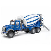 Blue Bruder MACK Granite Cement Mixer toy truck with detailed cabin and revolving drum on white background.