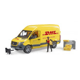 Yellow DHL Sprinter van toy with driver figure, mini packages, and basket.
