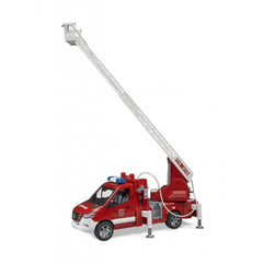 Red and white toy fire truck with an extended turntable ladder and blue light on top, based on Mercedes Benz Sprinter.