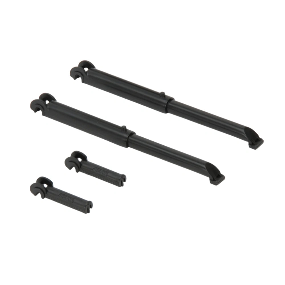 Two durable black pistons and clips for Bruder Cat Compact Loader toy vehicle.