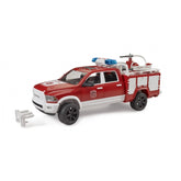 Red and white toy fire engine truck with mounted water cannon, blue siren lights, and detailed design features.