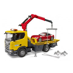 Bruder Scania yellow tow truck with crane lifting red roadster, featuring detailed design and accessories.