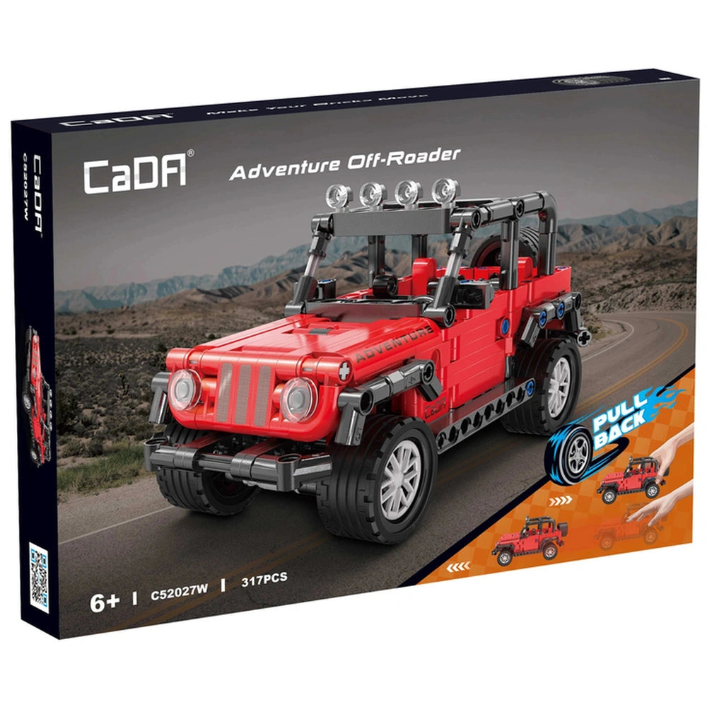 CaDA Adventure Off-Roader Jeep construction set in red with black accents, featuring wheels, headlights, and a desert backgro