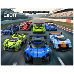 Cada Bluefire-Specter-Car construction set features glossy cars in blue, green, and red racing on a smooth, dark asphalt trac