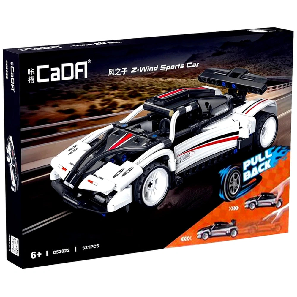 CaDA Z-Wind Sports Car construction set packaging features a black glossy box showcasing a white, red, and black toy car.