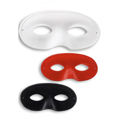 Big flocked domino mask in white, red, and black colors for fun dress-up play and role-playing activities.