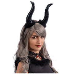 Carnival Toys Cerchietto Strega Malefica features a person in a gray wig, black horns, black ears, and a red bead necklace.