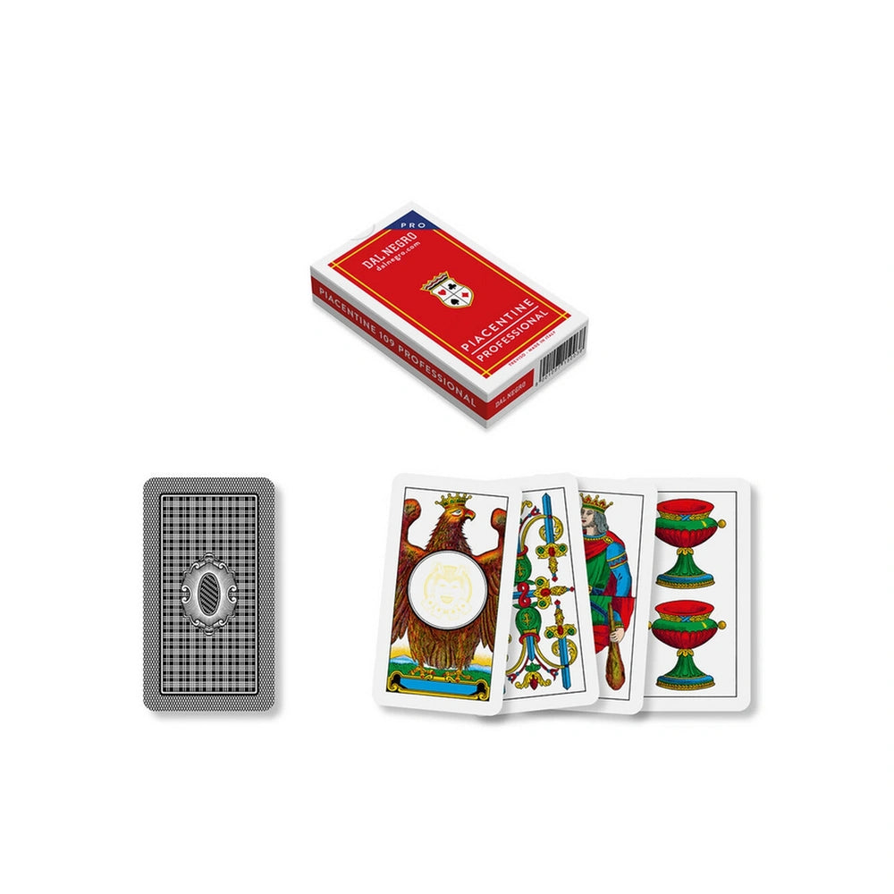 Dal Negro Piacentine Pro Cards N.109 in a red box features glossy silver and various colored playing cards.