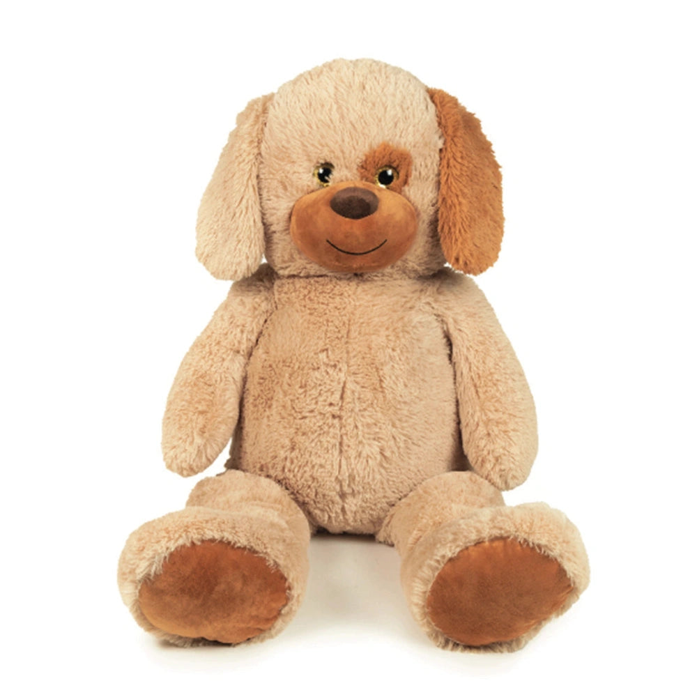 Maxi Sitting Dog Plush in light beige with shiny black eyes, brown nose, and soft plush material, featuring a round head and