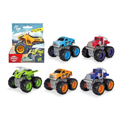 Dickie 4 X 4 Offroader Assortment features four orange plastic toy vehicles with black accents and large black wheels in blue