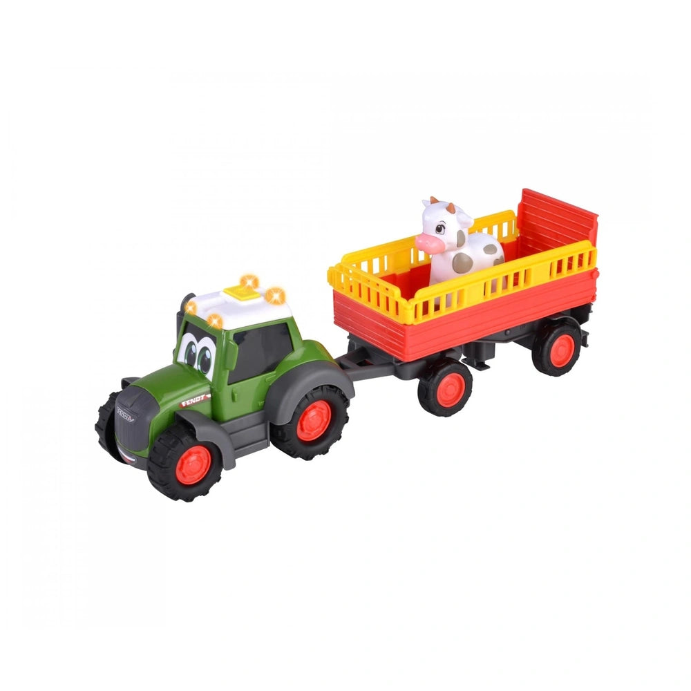 Dickie ABC Fendit Animal Trailer features a green plastic truck with a yellow basket holding a glossy white and brown cow.