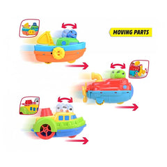 Dickie ABC Ocean Team bath toy features a colorful plastic boat with multiple cabins and wheels in vibrant colors.