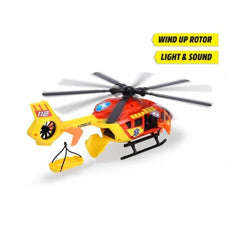 Yellow Airbus H145 ambulance helicopter with orange and black accents, featuring lights, sounds, and number "112".