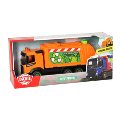 Dickie Toys City Truck in orange, displayed in red and white cardboard packaging with glossy and matte finishes.
