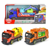Dickie Toys City Truck in orange and black with blue cab, yellow barrel, green trash can, and recycling symbols on packaging.