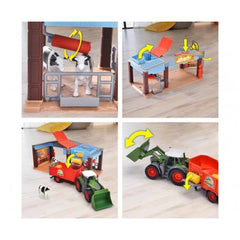 Dickie Farm Station toy playset features a red tractor, green bucket, and various cow figures on a light-colored floor.