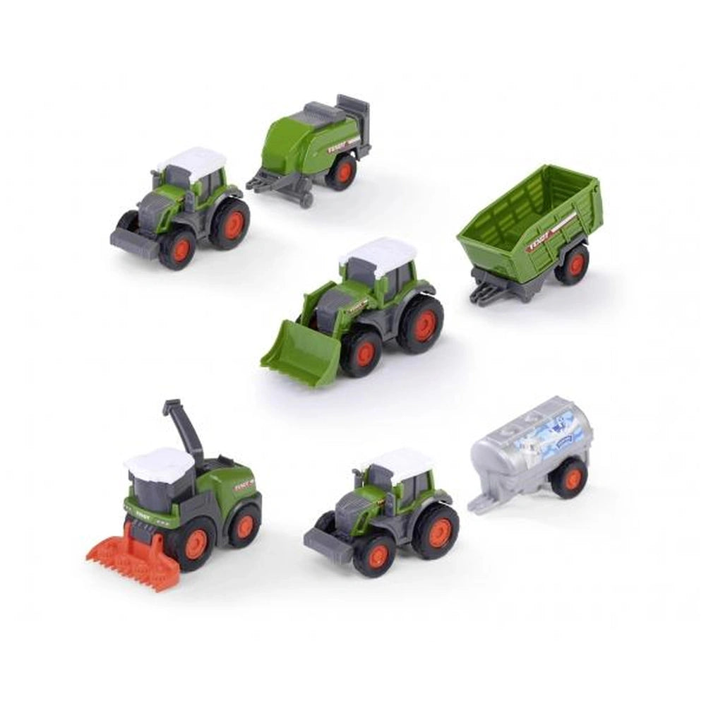 Fendt Micro Team play vehicle features a green and black tractor with multiple attachments and orange wheels, made of plastic